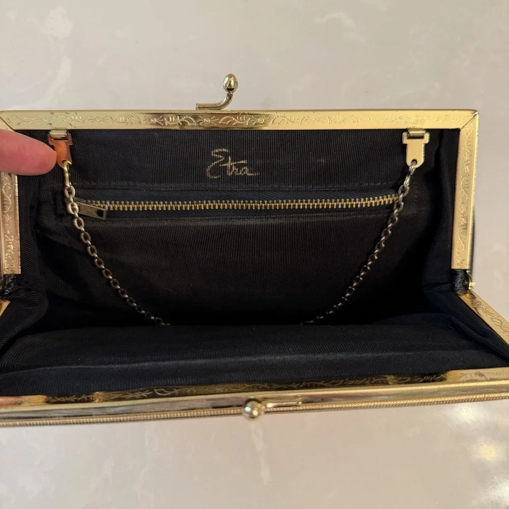 Etra Vintage Clutch Purse Chain Strap 1960s Black Leather